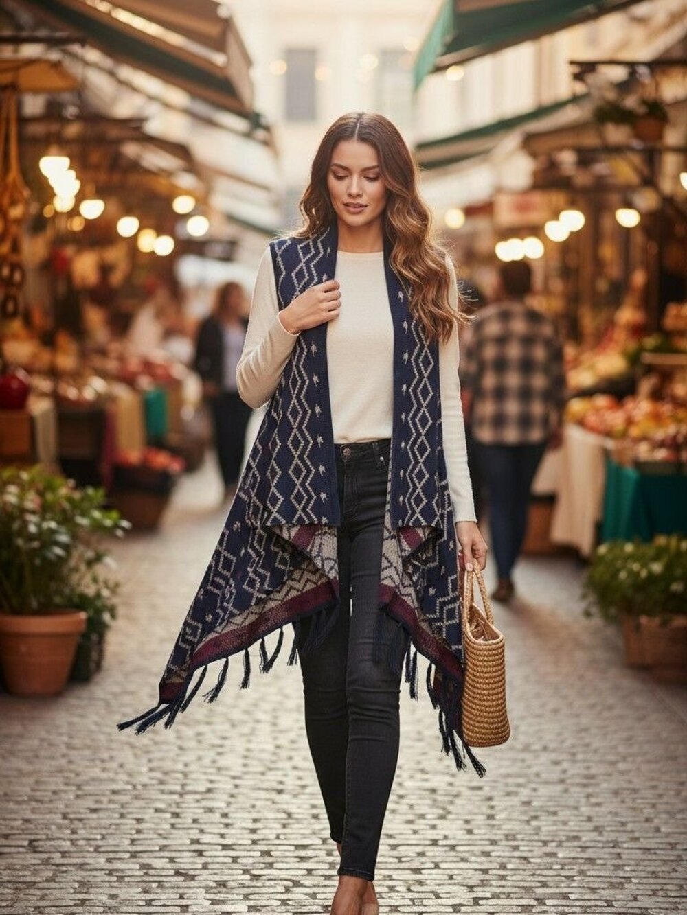 Geometric Knit Open-Front Sweater Vest With Fringe Hem Boho Chic, Southwestern,